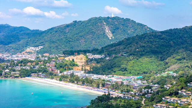 Jungle mountain coastline Karon beach Phuket Thailand nature aerial