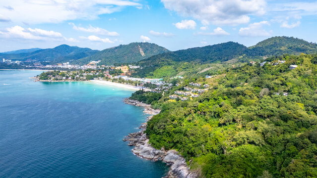 Jungle mountain coastline Karon beach Phuket Thailand nature aerial