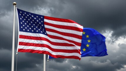 Obraz premium US and EU flags waving against a stormy sky symbolizing political tensions and uncertain international relations
