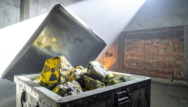 Irregularly shaped uranium ore samples displaying natural radioactivity placed inside an open metal storage container in a dimly lit, gritty bunker environment.