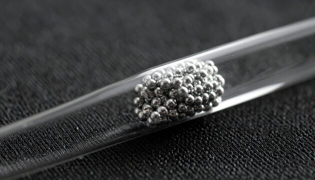 Small metallic potassium pellets submerged in inert oil inside a clear glass vial, presented against a dark, textured laboratory background for scientific study.