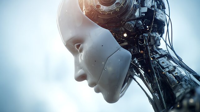 A robotic head with a human-like face and complex machinery inside