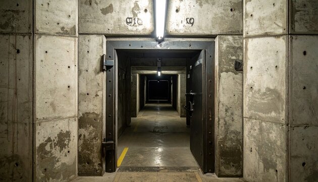 Massive reinforced concrete bunker door with heavy steel hinges and thick metal plating standing partially open, revealing a long, dark, and eerie underground corridor.
