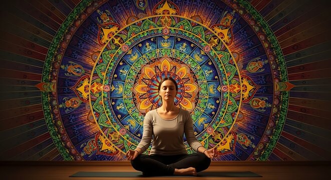 Woman meditating in front of mandala.