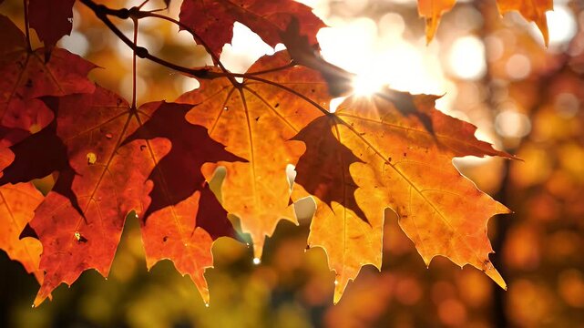 Sunlight streams through vibrant, textured red and orange maple leaves in autumnal scene