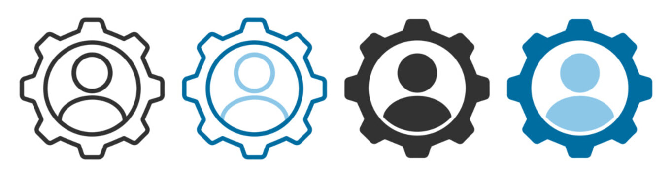 User profile gear icon in flat, outline, and solid styles on transparent background