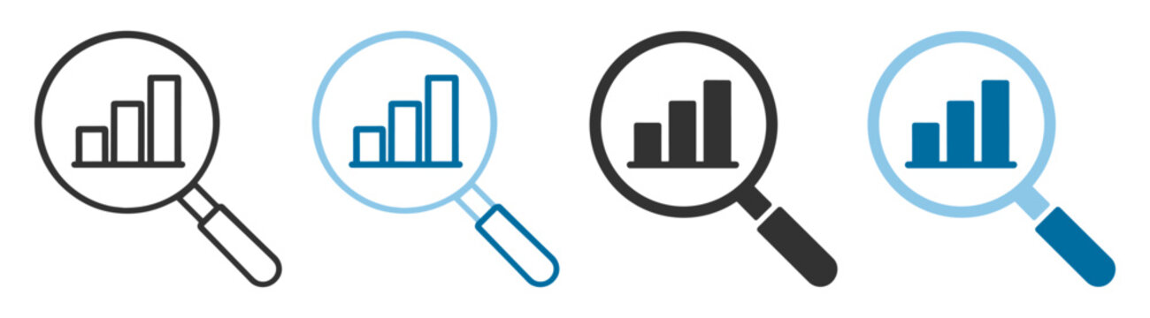 Magnifying glass graph icon search and analysis concept on transparent background