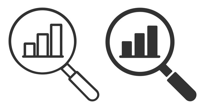 Magnifying glass with graph icon, business data analysis symbol, search and research concept on transparent background
