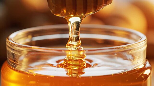 Golden honey dripping from a dipper into a glass jar, close-up macro shot