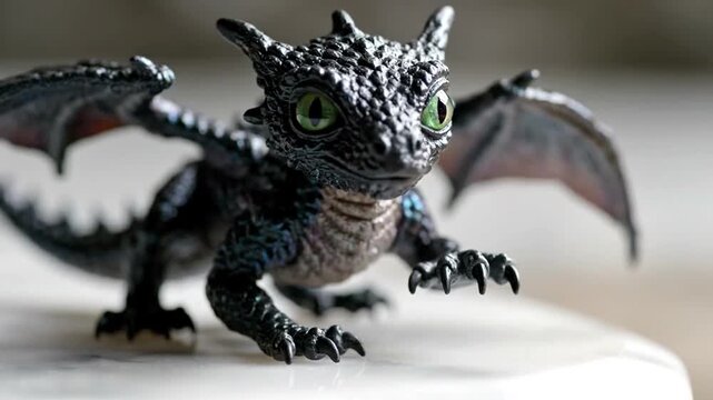 Black dragon toy on white surface.