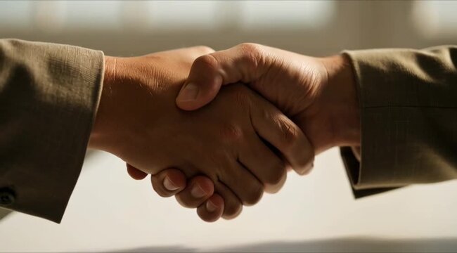 Two businesspeople shaking hands in agreement.
