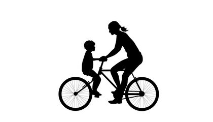 Fototapeta premium silhouette Mother teaching child to ride bicycle of woman helping young boy learn cycling family bonding moment