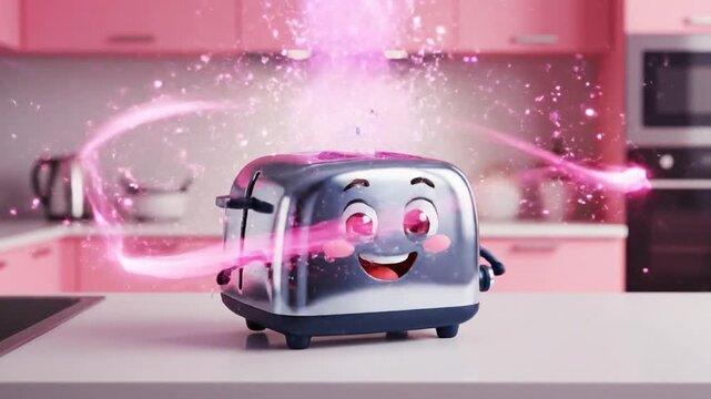 A whimsical cartoon toaster with a smiling face appears to be levitating on a kitchen countertop, surrounded by vibrant pink sparks and swirling lights