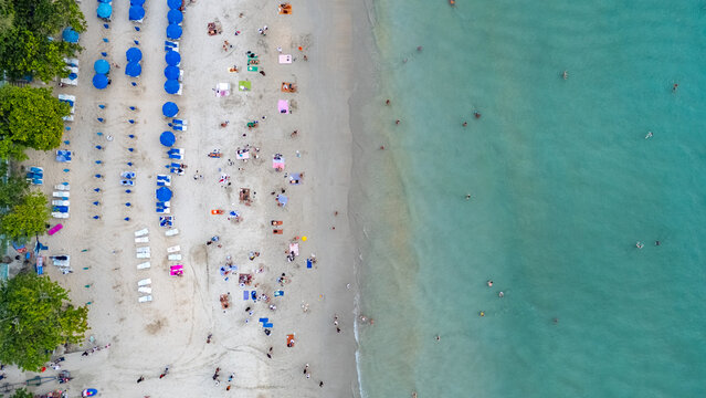 Top down aerial Phuket coastline Karon beach area southern Thailand