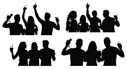 People celebrating with drinks raised in a joyful party silhouette