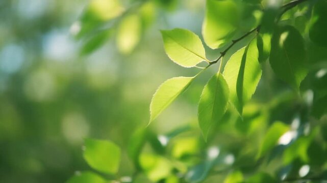 Fresh green tea leaves and garden foliage glow with natural beauty under the bright morning sun, capturing the essence of spring growth in a peaceful, abstract forest setting