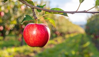 A single perfect red apple hanging from a branch in an orchard, plump and ripe, symbolizing the season's bounty.