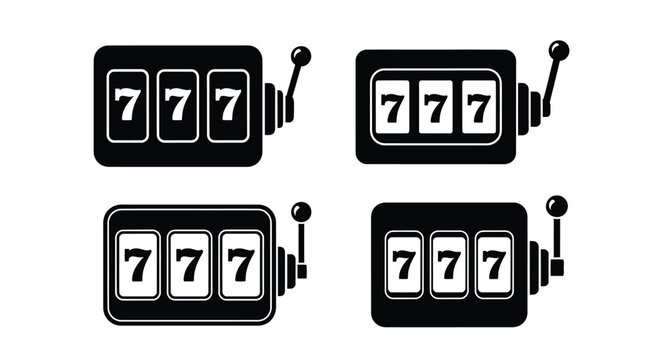 Four vintage slot machines displaying winning sevens black silhouette