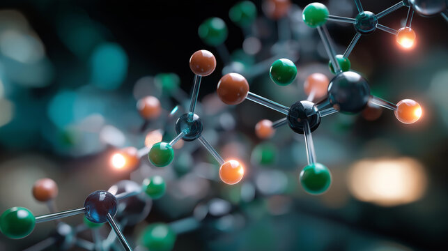 Detailed visual pathway of interconnected chemical structures, biochemistry and molecular science visualization concept, defocused background, with copy space