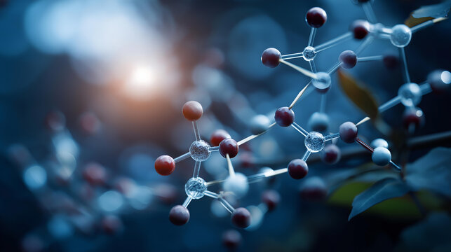 Detailed visual pathway of interconnected chemical structures, biochemistry and molecular science visualization concept, defocused background, with copy space