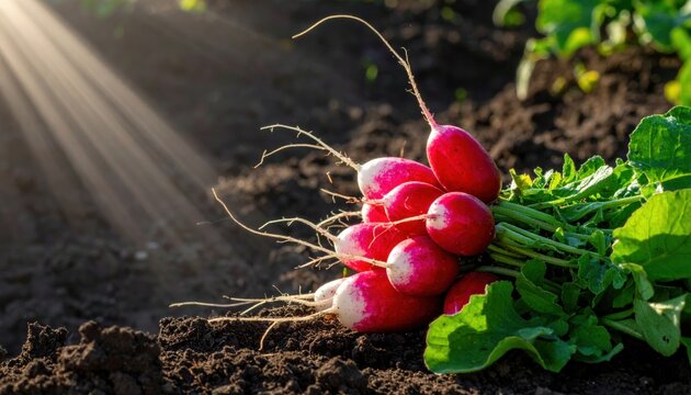 A vibrant bunch of freshly harvested radishes with striking red and white hues lying on rich, dark soil, beautifully illuminated by warm sunlight.