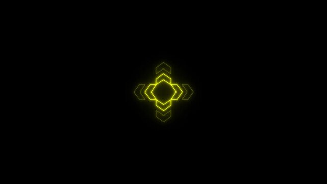 Neon glowing arrow icon animation on black background. Yellow four pointing arrows, Glowing 4 directional arrows. Abstract pointing in all directions arrow.