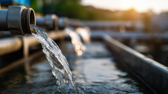 Water flowing vigorously from industrial pipes into a treatment facility basin, water management and purification infrastructure concept, defocused background, with copy space