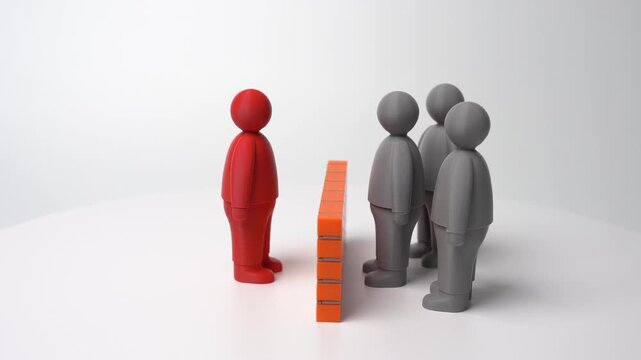 The red man is trying to reach a group of gray people. Recruit like-minded people with his idea. To assemble a team, to break down the barrier of misunderstanding. Communication challenges.