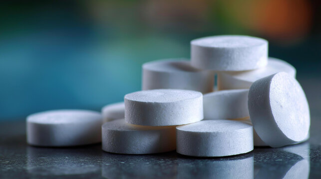 Close-up pile of white chlorine tablets for swimming pool water disinfection and sanitation, water treatment product concept, defocused background, with copy space