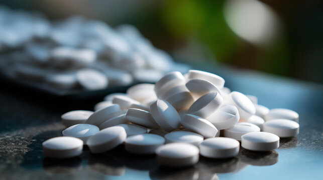 Close-up pile of white chlorine tablets for swimming pool water disinfection and sanitation, water treatment product concept, defocused background, with copy space