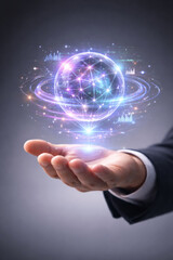 Close up photo of businessman hand holding futuristic glowing digital hologram sphere with data network connections and global communication system.