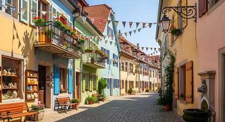 Fototapeta premium Charming European street scene with colorful houses, balconies, and festive bunting