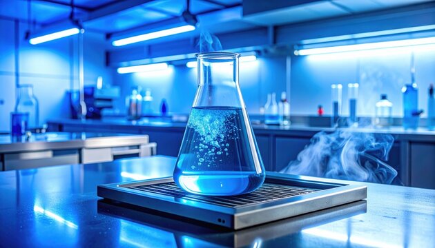 Bright blue liquid bromine in a sturdy laboratory flask, bubbling gently on a heated surface with visible vapor.