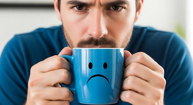 Close-up of a man looking concerned, holding a mug with a sad face