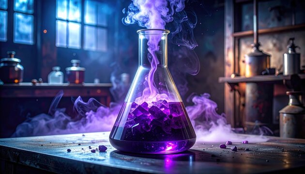 Vibrant iodine crystals sublimate within a conical flask, releasing dramatic purple vapor in a dimly lit laboratory, showcasing a fascinating chemical transformation.