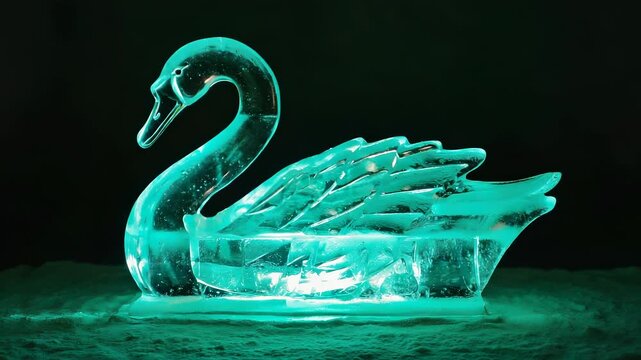 Illuminated Blue Ice Sculpture of a Swan - Artistic Frozen Detail on Snow Background