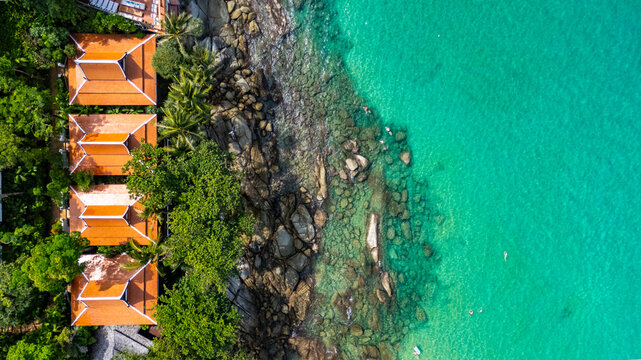 Top down aerial Karon Beach resorts Phuket Thailand