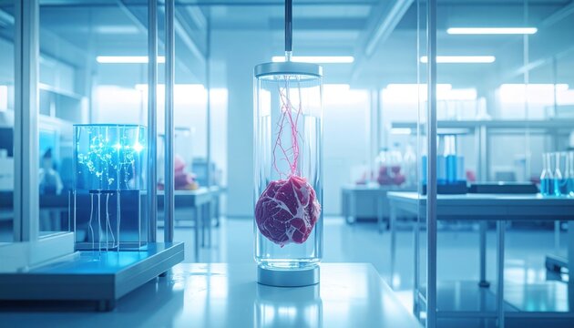 Cutting-edge lab-grown meat tissue with delicate tendrils precisely suspended within a transparent cylindrical container in a sterile scientific laboratory environment.