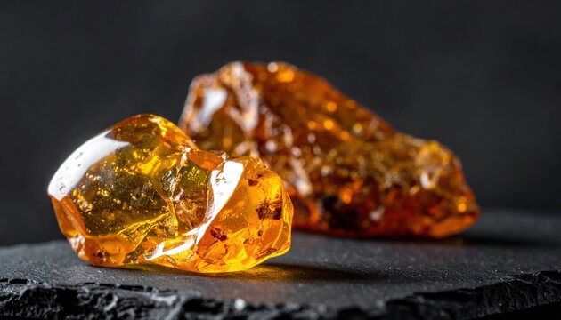 Golden amber resin pieces solidified and clear showcased on a dark smooth stone slab with natural texture and warm light
