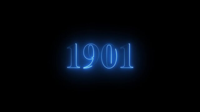 1901 neon text. Abstract 1901 neon text animation, Glowing neon number text background 4k video animation.