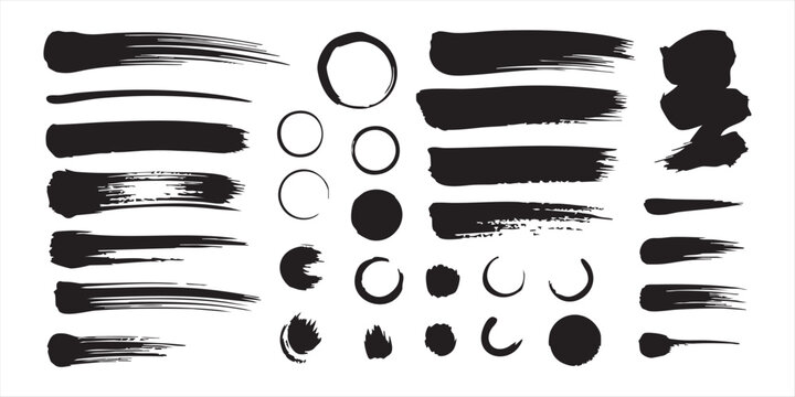 Black ink brush stroke vector set with various grunge textures circles and artistic paint elements