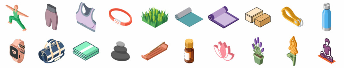 Fototapeta premium Comprehensive collection of isometric yoga and wellness icons featuring fitness gear, exercise equipment, relaxation items, and individuals performing various yoga poses.