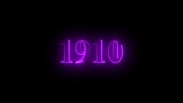 1910 neon text. Abstract 1910 neon text animation, Glowing neon number text on black background.  4k animation video.