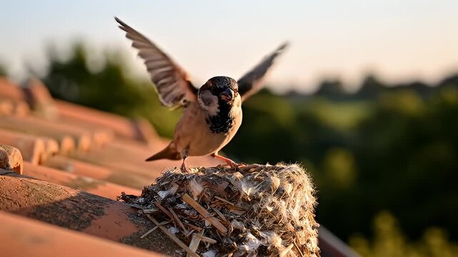 Sparrow perched on nest rooftop outdoors.
