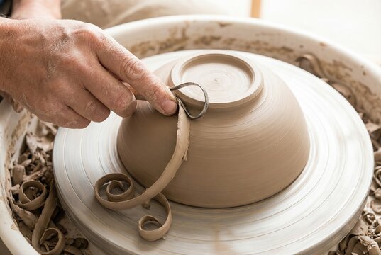 Potter hands using loop tool to carve ribbons of clay from bottom of bowl spinning on pottery wheel