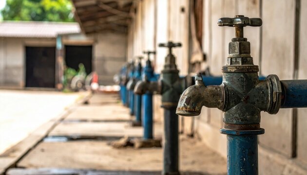 A row of old, weathered water taps with blue pipes installed along a wall, showcasing essential outdoor plumbing infrastructure and water supply.