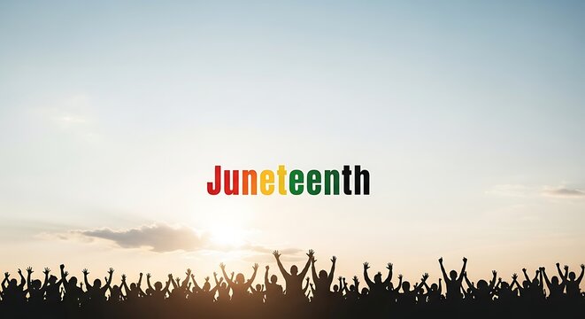 A silhouetted crowd celebrates Juneteenth against a vibrant sunset sky, symbolizing freedom, unity, and the enduring spirit of emancipation.