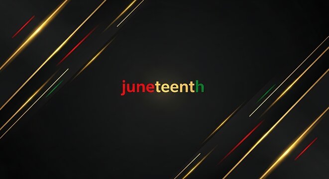 A modern Juneteenth graphic displays stylized red and green typography on a dark background, accented by golden streaks, symbolizing freedom and heritage.