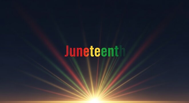 A vibrant Juneteenth celebration graphic illuminates the dark sky with colorful light rays, symbolizing freedom, hope, and the dawn of a new era.