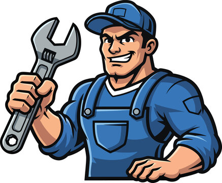 Cartoon Mechanic Holding Wrench